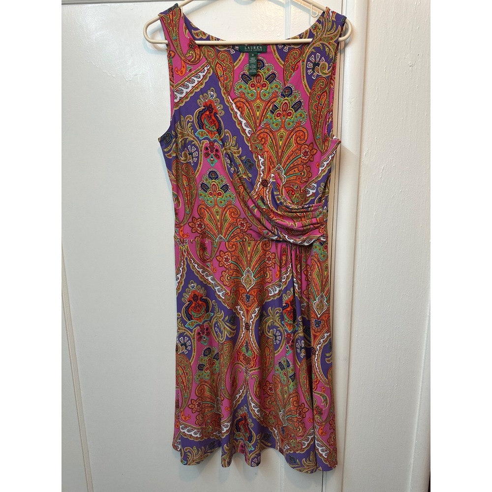 Lauren Ralph Lauren Paisley Faux Wrap Dress Pink Purple Sleeveless Sz M